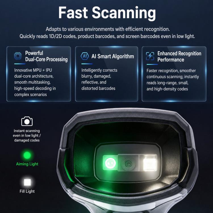 Wireless 2D barcode scanner with bright green scan light in the lens window