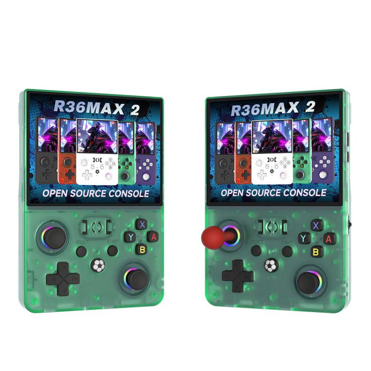 Retro handheld game console with game screen, green transparent body, dual thumbsticks
