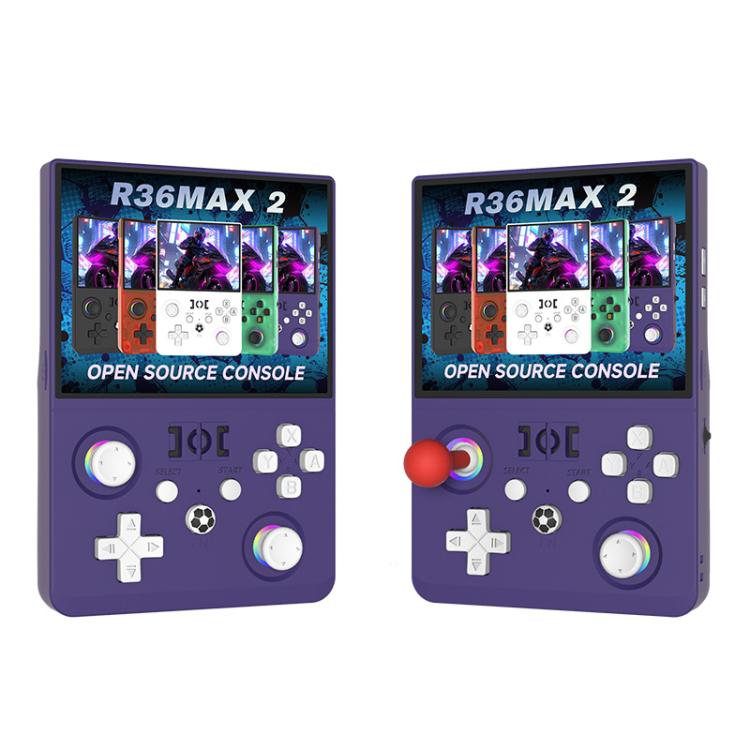 Retro handheld game console with game screen, purple body, dual thumbsticks