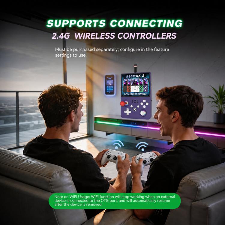 White retro handheld game console for multiplayer, held by two people with wireless controllers