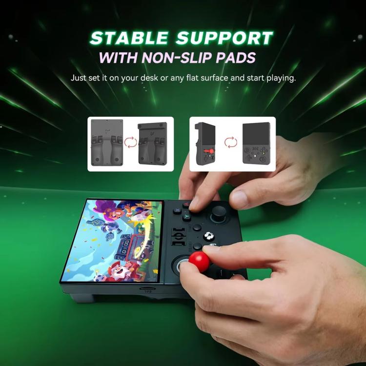 Retro handheld game console on a desk with non-slip base grips