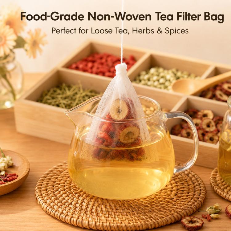 Hanging white non-woven tea filter bag filled with herbs
