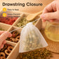 White non-woven tea filter bag with drawstring closure, hands pulling string