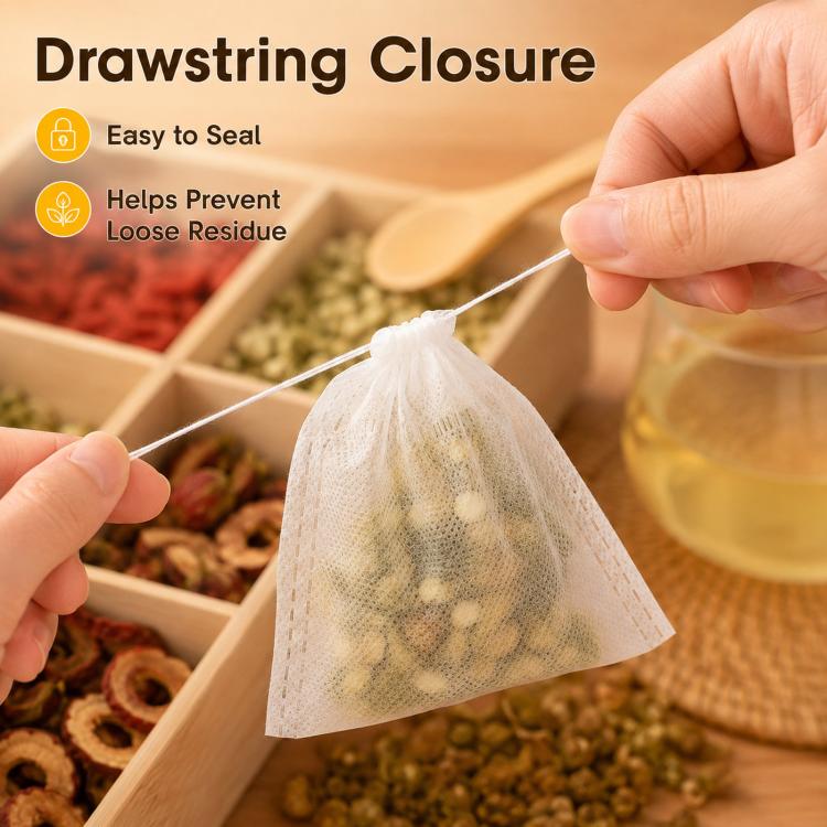 White non-woven tea filter bag with drawstring closure, hands pulling string