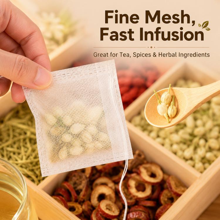 White non-woven tea filter bag with fine mesh, held by the drawstring