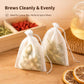 Two white non-woven tea filter bags with herbs inside and drawstring ties