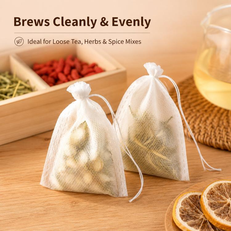 Two white non-woven tea filter bags with herbs inside and drawstring ties