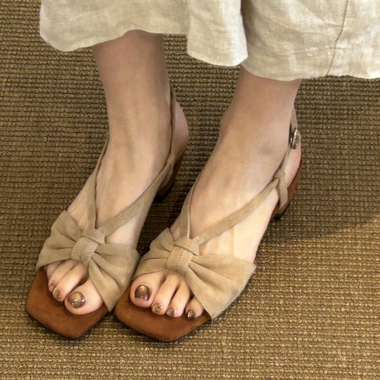 Apricot slingback sandals, open toe, woven upper with bow detail and mid heel