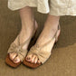 Apricot open-toe woven sandals with ankle strap buckle and mid-height block heel