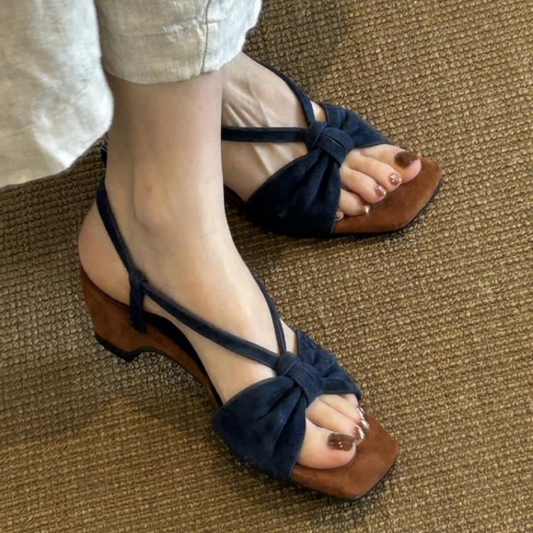 Dark blue knotted slingback sandals, open toe, backless mid heel