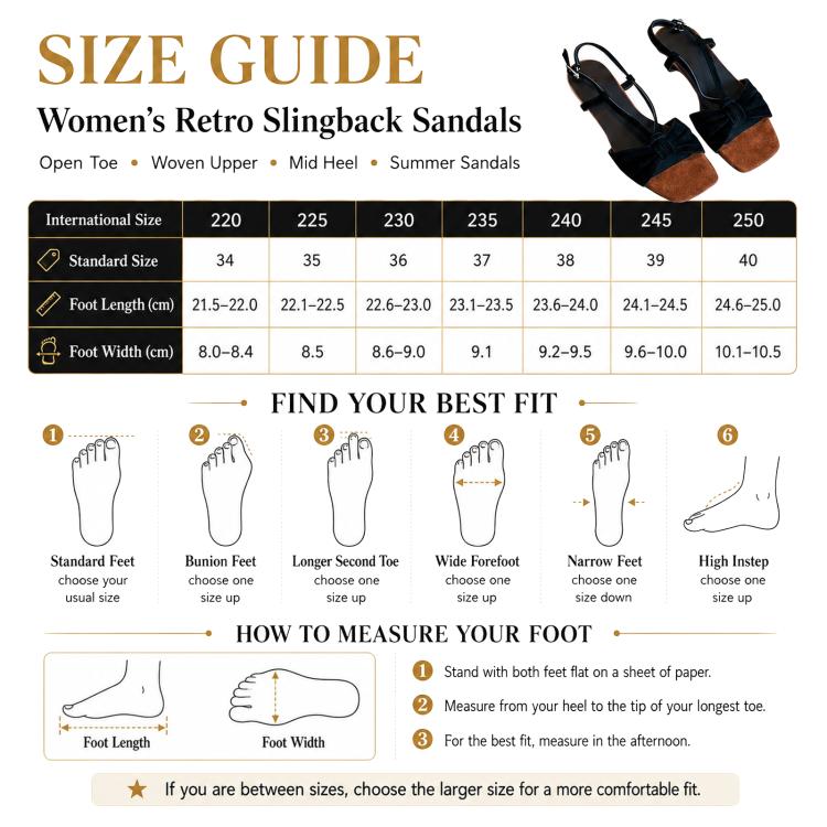 Size guide chart for women’s retro slingback sandals: open toe, woven upper, mid heel