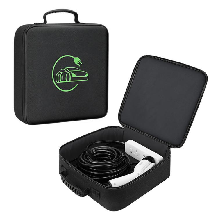 Black EV cable storage case with green charging logo, zippered open top compartment