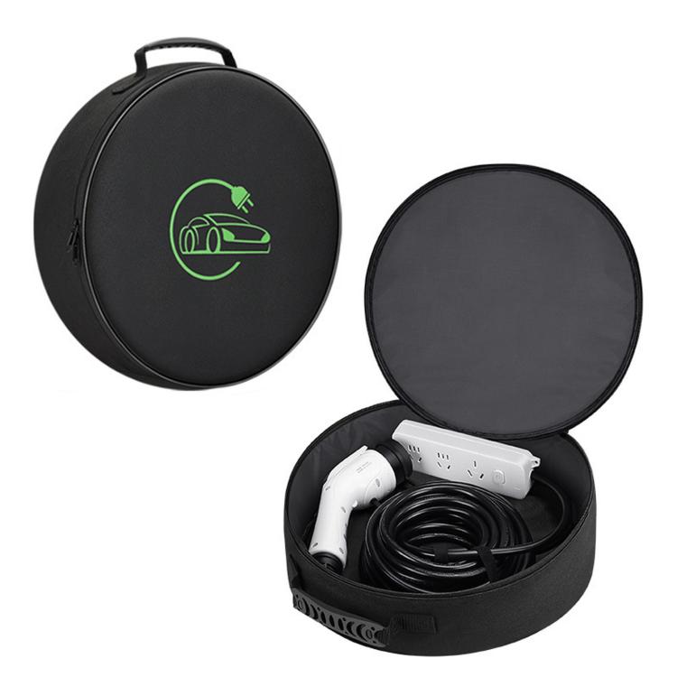 Round black EV charging cable storage case with green charging logo, open top view