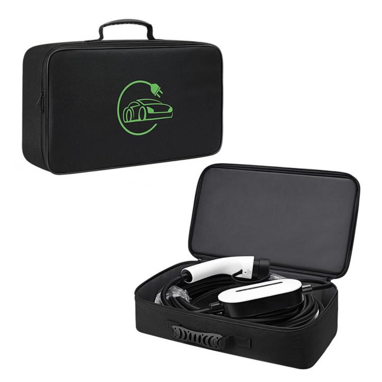 Rectangular black EV cable storage case with green charging logo, open compartment with charger