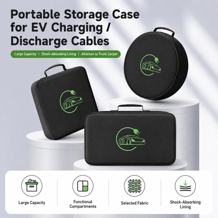 Portable EV cable storage case set in black with green charging logo, zippered tops