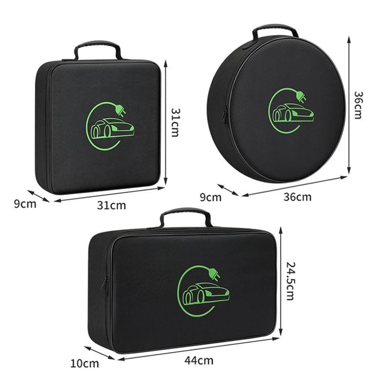 EV cable storage case set: square, round, and rectangular black bags with green icon