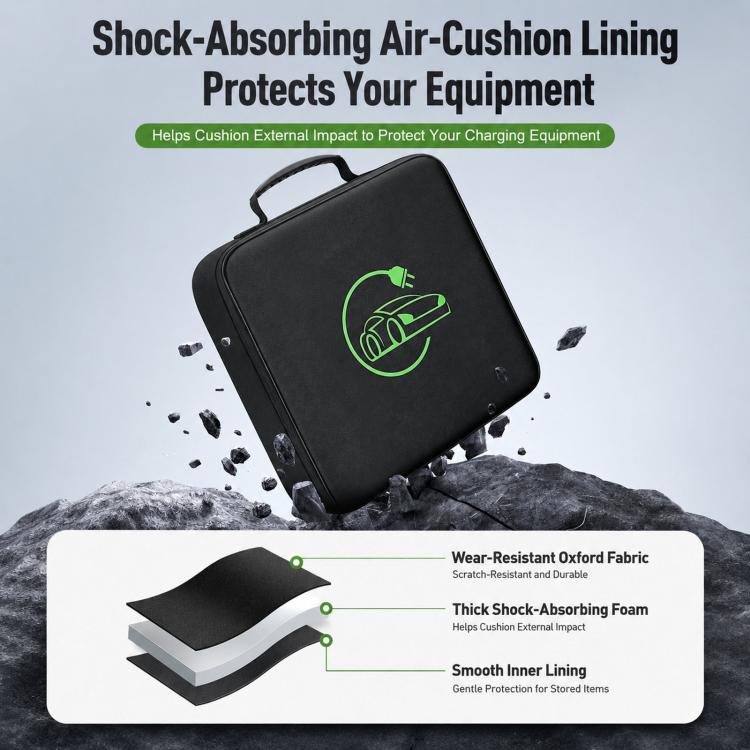 Black EV cable storage case with green charging logo, shock-absorbing style padding visible