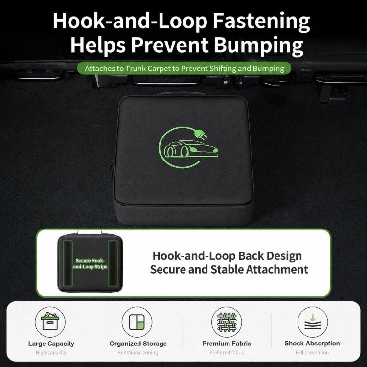 Black EV cable storage case with green charging logo, hook-and-loop fastening details