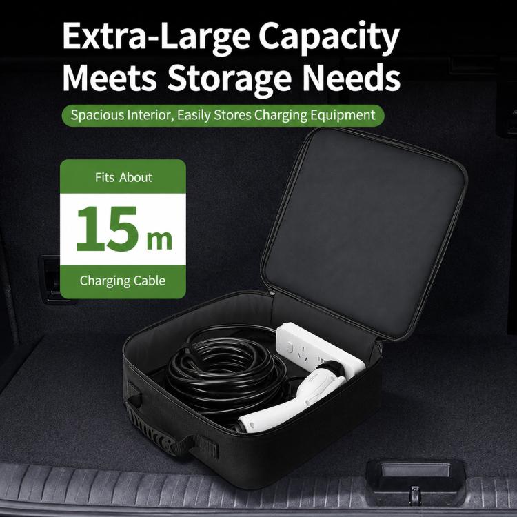 Black EV cable storage case with green charging logo and extra-large open compartment