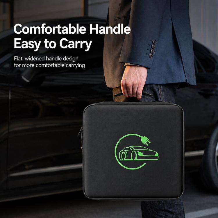 Black EV cable storage case with green charging logo and flat carry handle for carrying