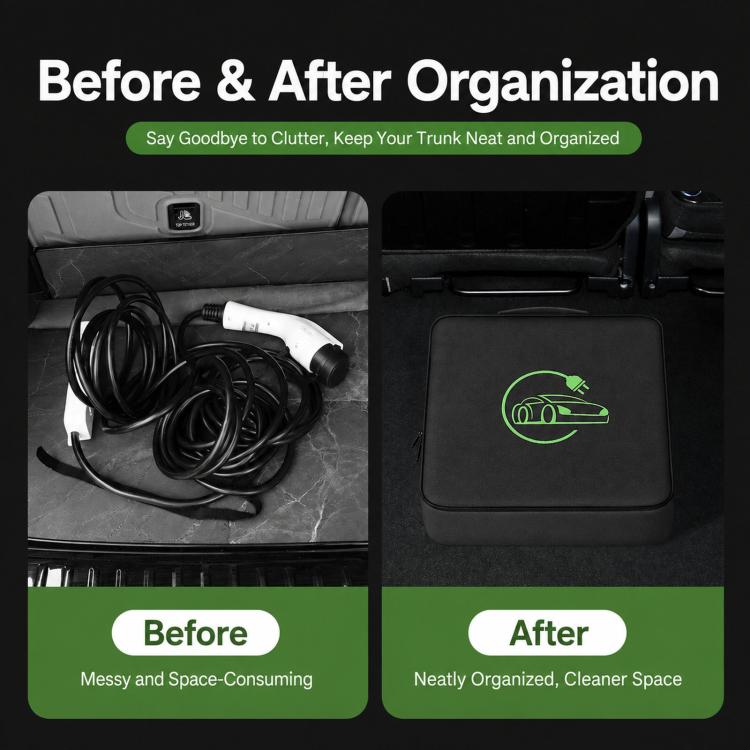 Black waterproof EV cable storage case with handle, holding coiled charging cables