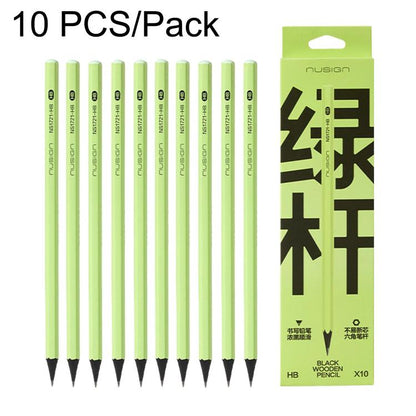 HB drawing pencils, green hex barrel, 10-pack with exposed black tips.