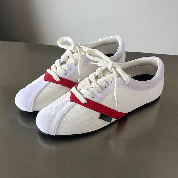 Women's casual sneakers, white canvas with red side stripe and white eyelet laces