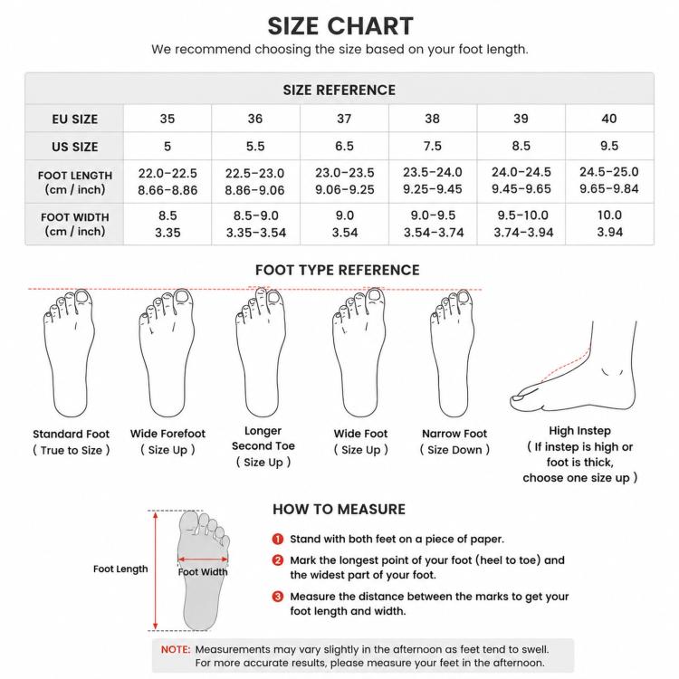 Size chart for sneakers: EU 35–40, US 5–9.5, foot length in inches shown