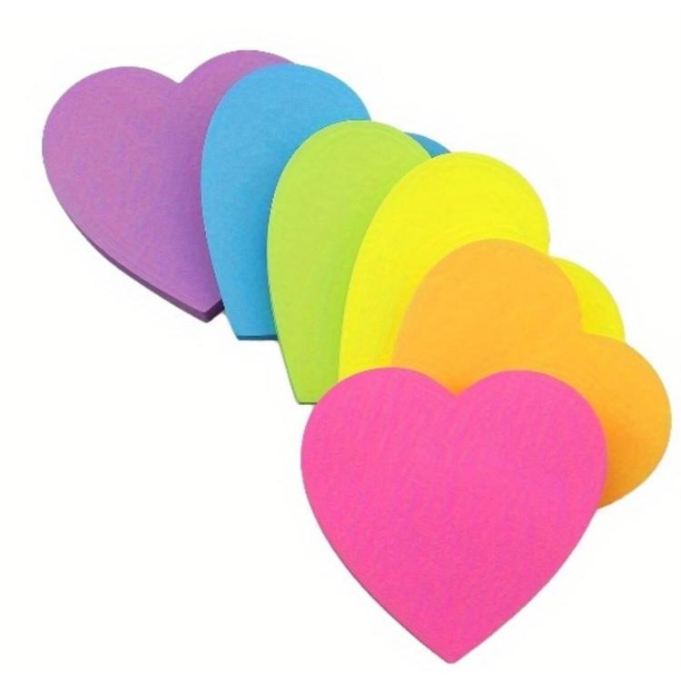 Layered heart-shaped sticky notes in purple, blue, green, yellow, and pink.