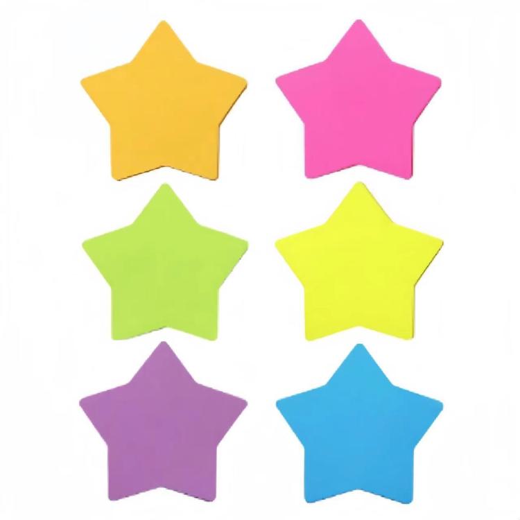 Colorful star and house-shaped sticky notes in yellow, pink, green, purple, and blue.