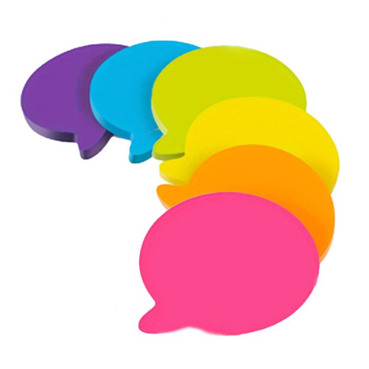 Stacked speech bubble sticky notes in bright yellow, orange, blue, green, and pink.