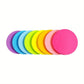 A line of round sticky memo notes in rainbow-bright colors, stacked together.