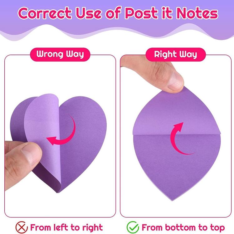Purple heart-shaped sticky notes, showing adhesive peeling and re-sticking
