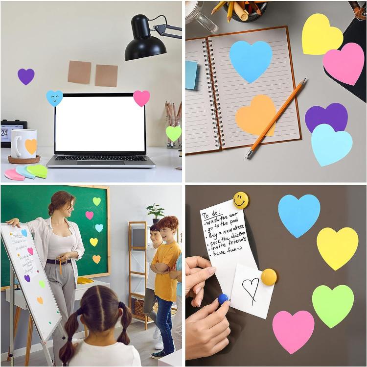 Assorted heart sticky notes in bright colors on notebooks, walls, and a computer