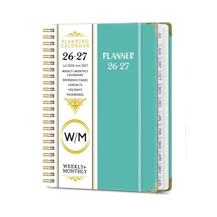 Lake blue A5 hardcover spiral planner with monthly calendar and planning tabs