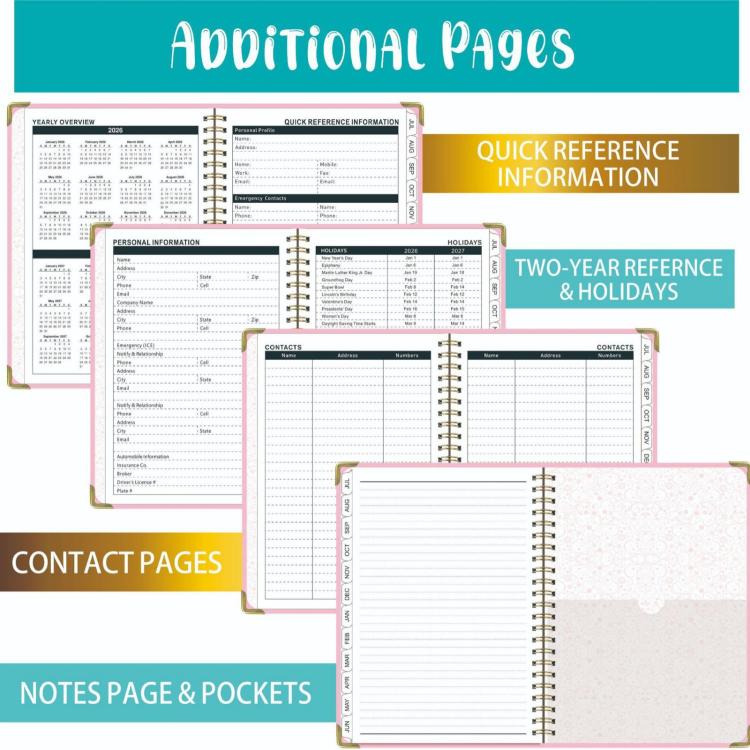 Planner interior pages showing additional sections, quick reference, and holidays
