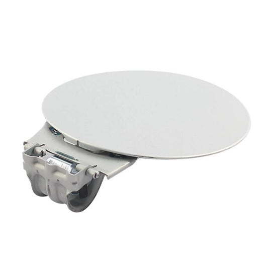 Fuel tank cap cover on hinge with latch hardware, light gray finish