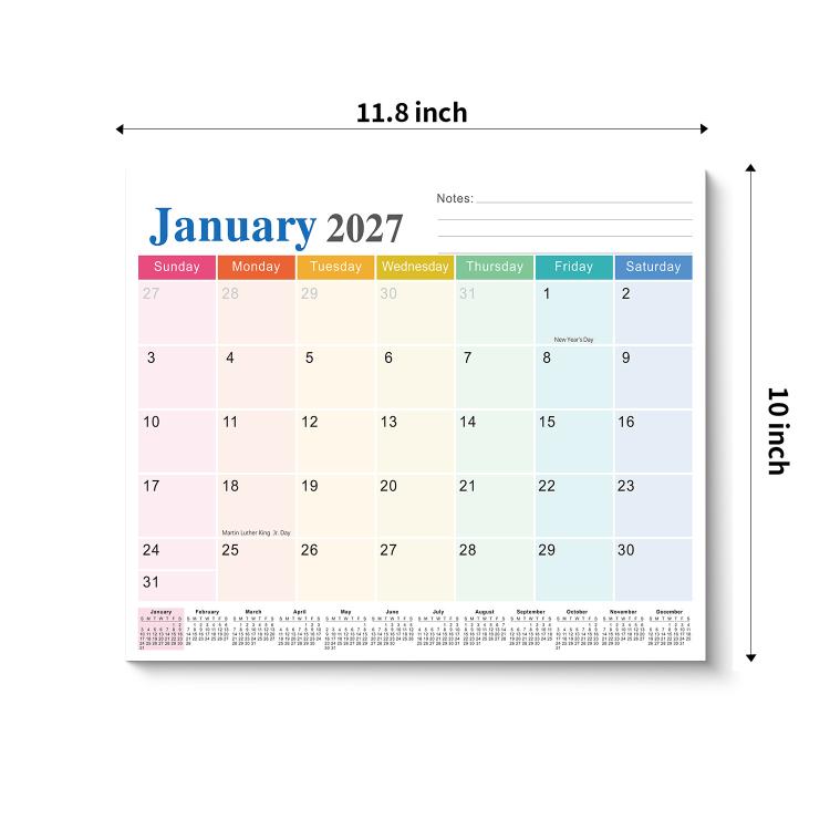Magnetic fridge calendar pad with 11.8 in size indicator, January 2027 monthly grid.