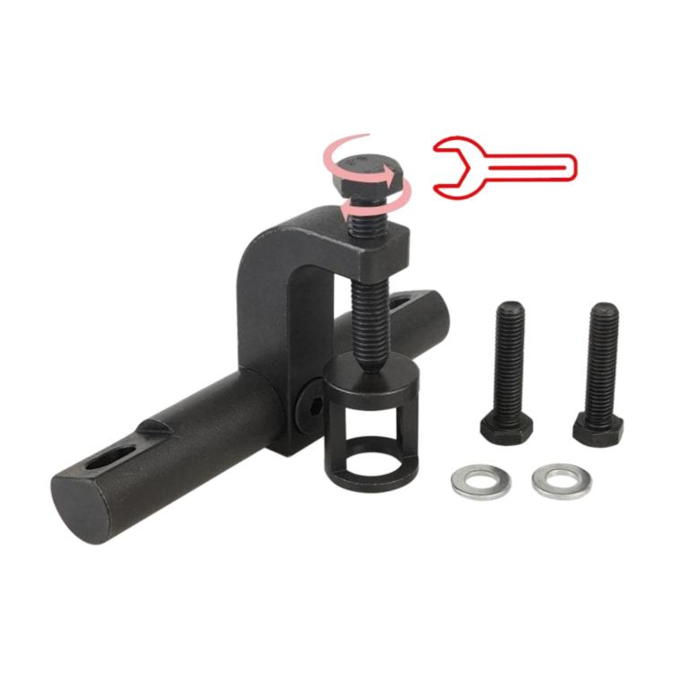 Black valve spring compressor tool with illustrated wrench and screws