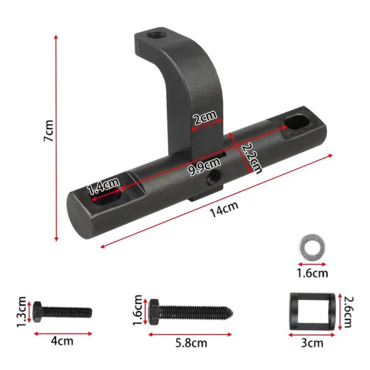 Black valve spring compressor tool with measurement diagram and spare bolts