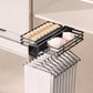 Sliding closet pants rack with black metal base, wire tiers, and hanger hooks