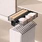 Black slide-out closet organizer rack with two levels for folded items and hooks