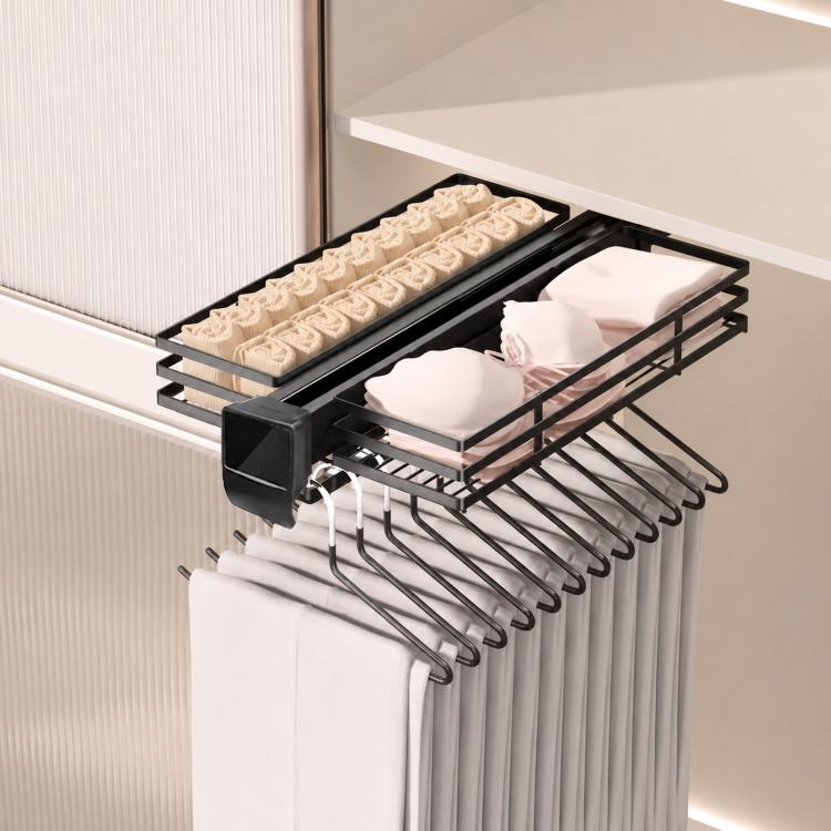 Black slide-out closet organizer rack with two levels for folded items and hooks