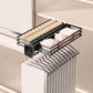 Slide-out closet pants rack organizer with black frame, wire shelves, and hangers
