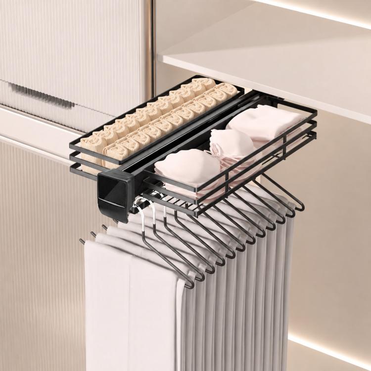 Black wire slide-out organizer rack with hanging hooks for pants or belts