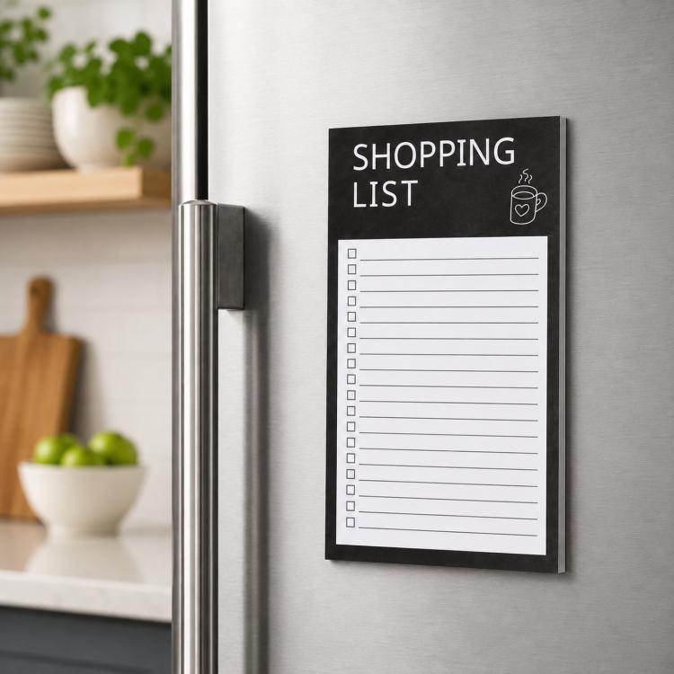 Magnetic shopping list pad with black cover and lined sheets, full magnet back