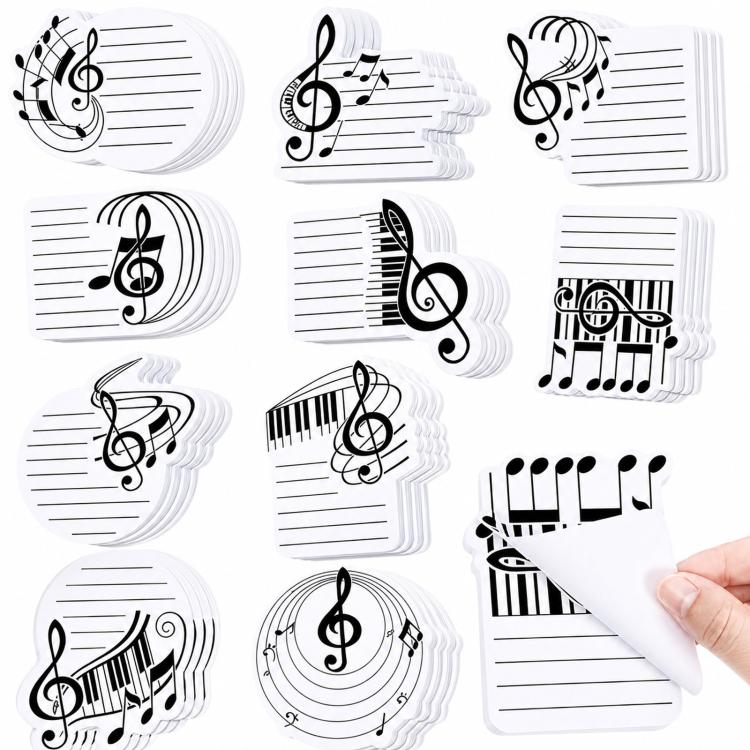 Music-themed sticky memo notes set with treble clef and musical staff shapes