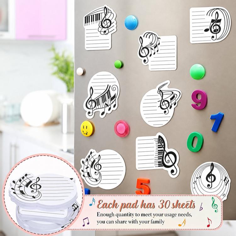 Sheet note pads with music icons and staff lines, shown on a pinboard with magnets