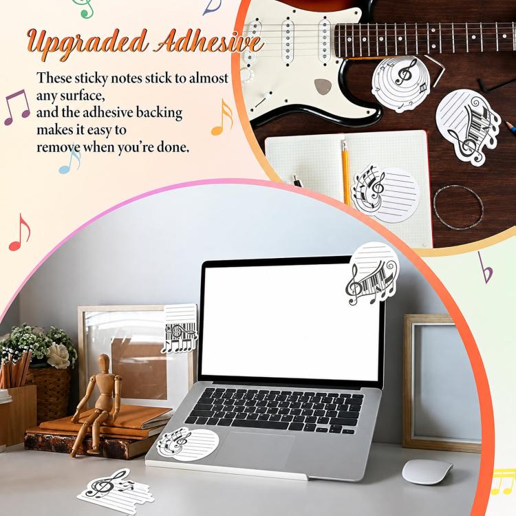 Music-themed sticky notes with treble clef and staff designs, placed on a laptop