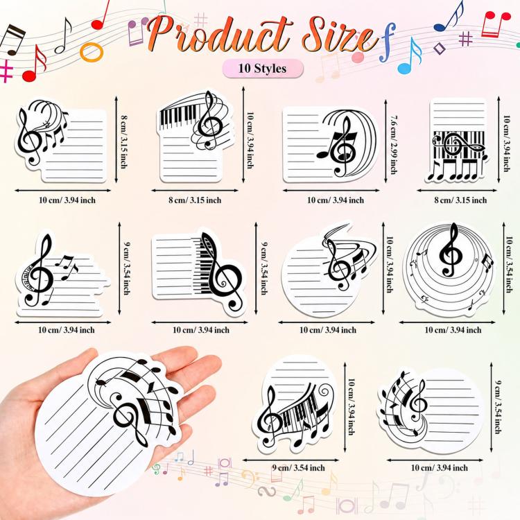 10 style music memo sticky notes in treble clef and staff icon shapes with sizes